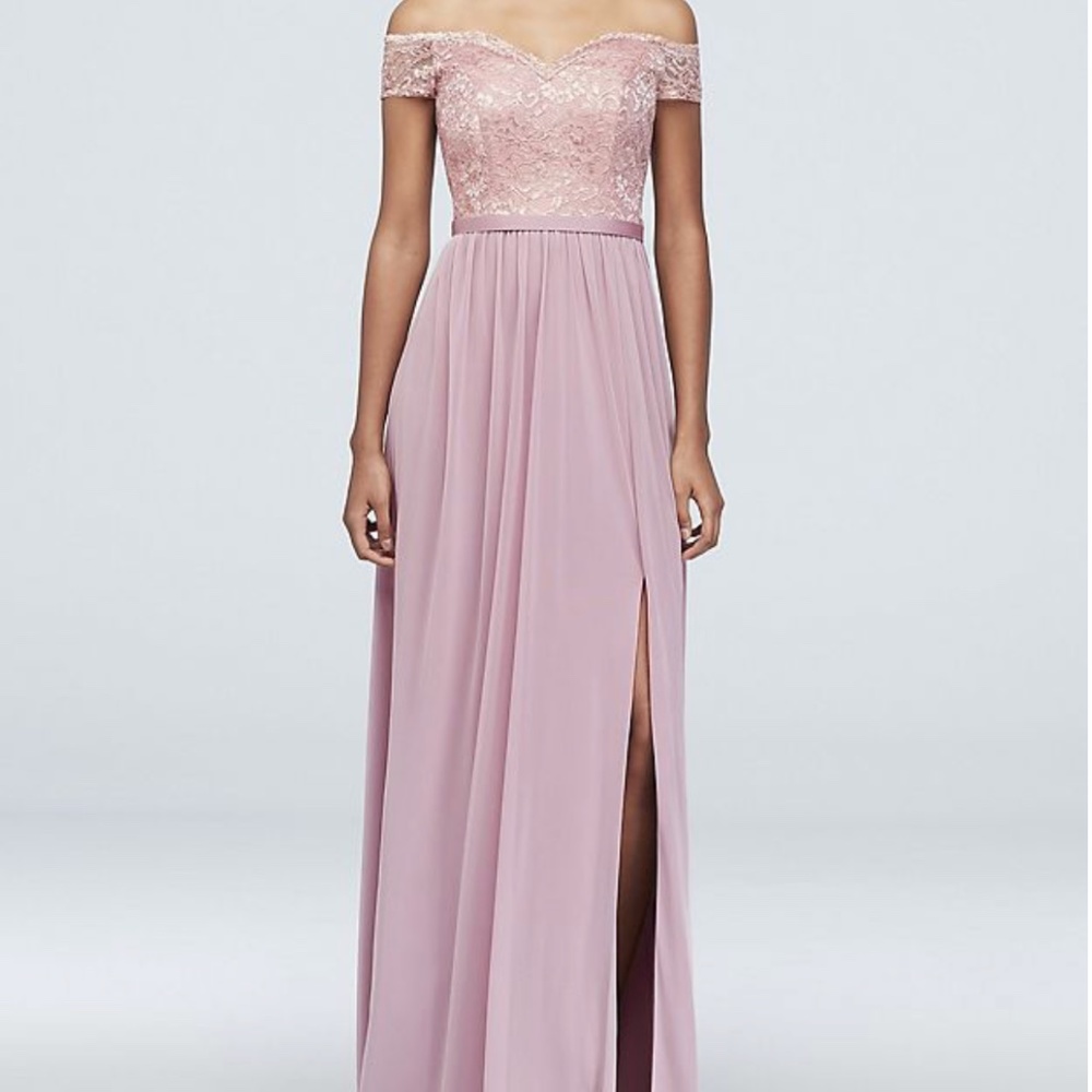 Off-the-Shoulder Lace and Mesh Bridesmaid Dress